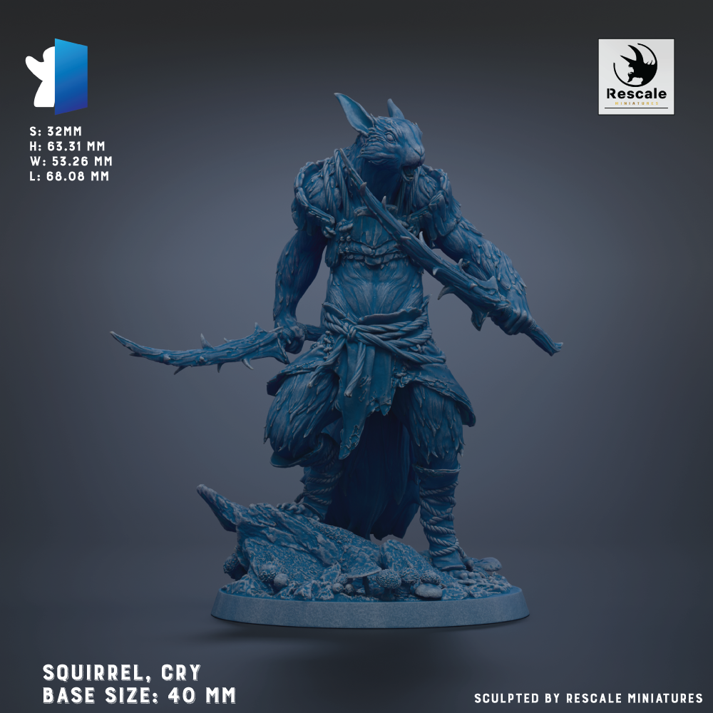 a figurine of a squirrel-like creature with a sword, standing on a rocky base. The figurine is described as having a base size of 40 mm.
