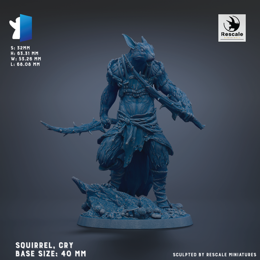 a figurine of a squirrel-like creature with a sword, standing on a rocky base. The figurine is described as having a base size of 40 mm.