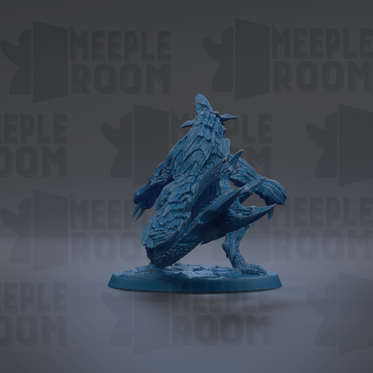 A blue, 3D-rendered creature resembling a dragon or mythical being, sitting on a blue base.