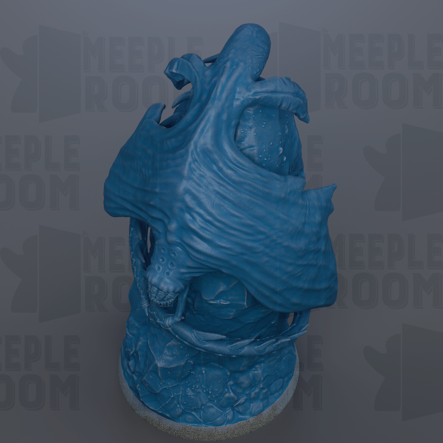 A blue, abstract sculpture with a textured, organic shape resembling a sea creature or sea monster.