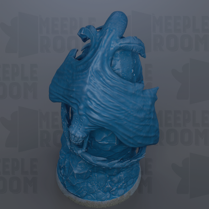 A blue, abstract sculpture with a textured, organic shape resembling a sea creature or sea monster.