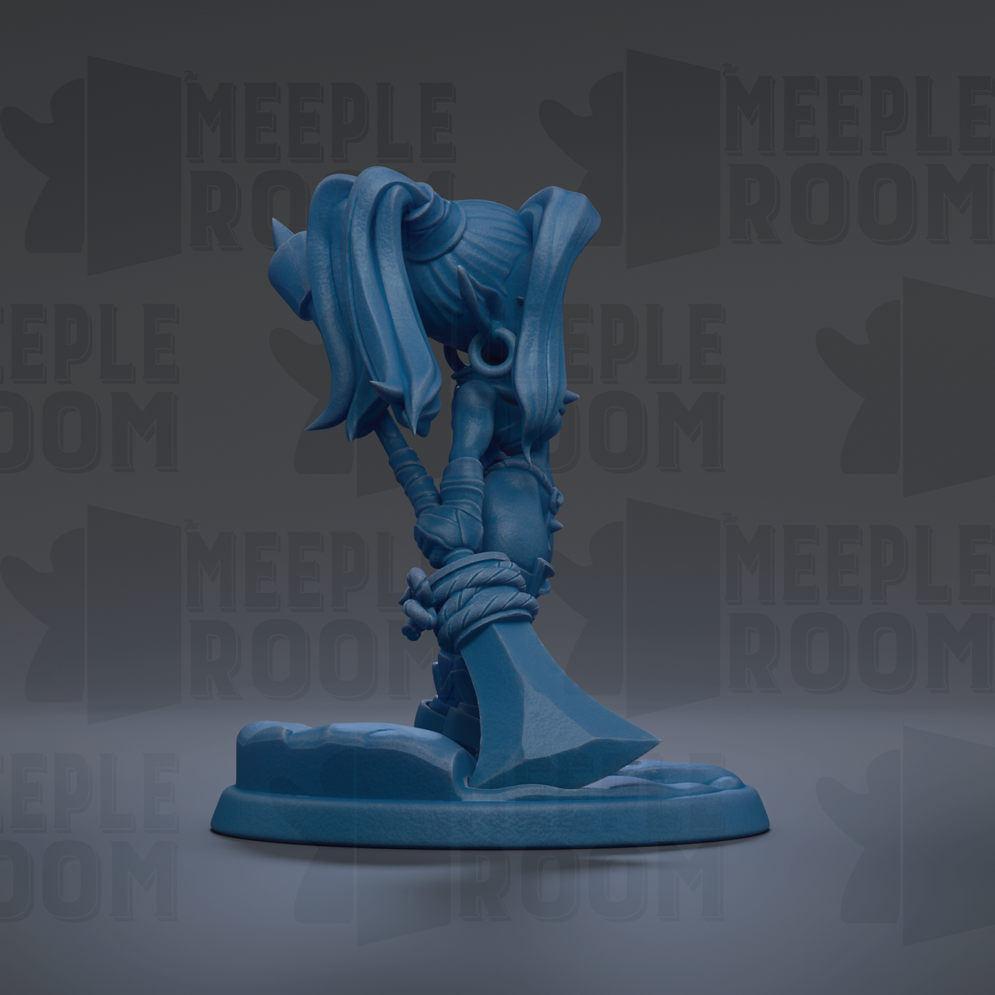 A blue figurine of a character with long hair and a sword, standing on a base.