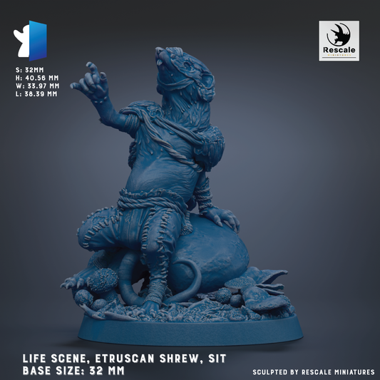 The image is a 3D rendering of a blue statue depicting a creature with a raised paw, sitting on a rock and holding a small object in its hand. The statue is set against a dark background, and the image is labeled with the text "LIFE SCENE, ETRUSCAN SHEW, SIT BASE SIZES: 32 MM".