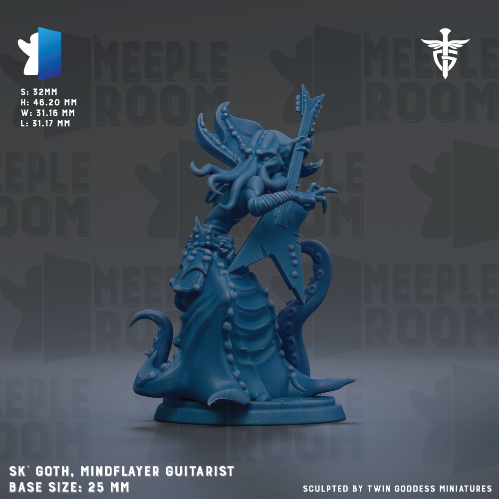a blue, 3D-rendered miniature of a guitar-playing creature, possibly a mythical or fantastical being, with tentacles and a guitar-like instrument. The creature appears to be a gothic-style musician or guitarist, and the image is described as a "meadow" or "meadow room" with a "meadow" and "meadow room" motif. The base size of the sculpture is 25mm.