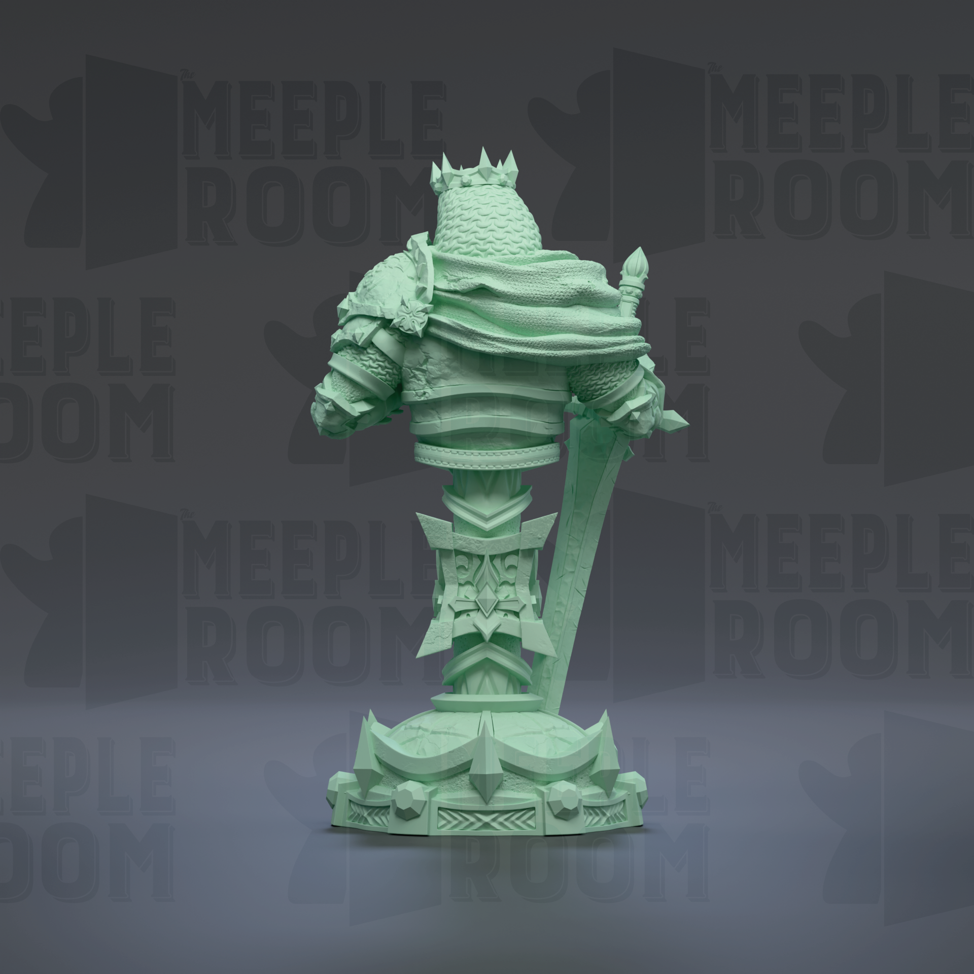 A green statue of a warrior figure with a crown and sword stands against a dark background with repeated "MEIPLROOM" text.