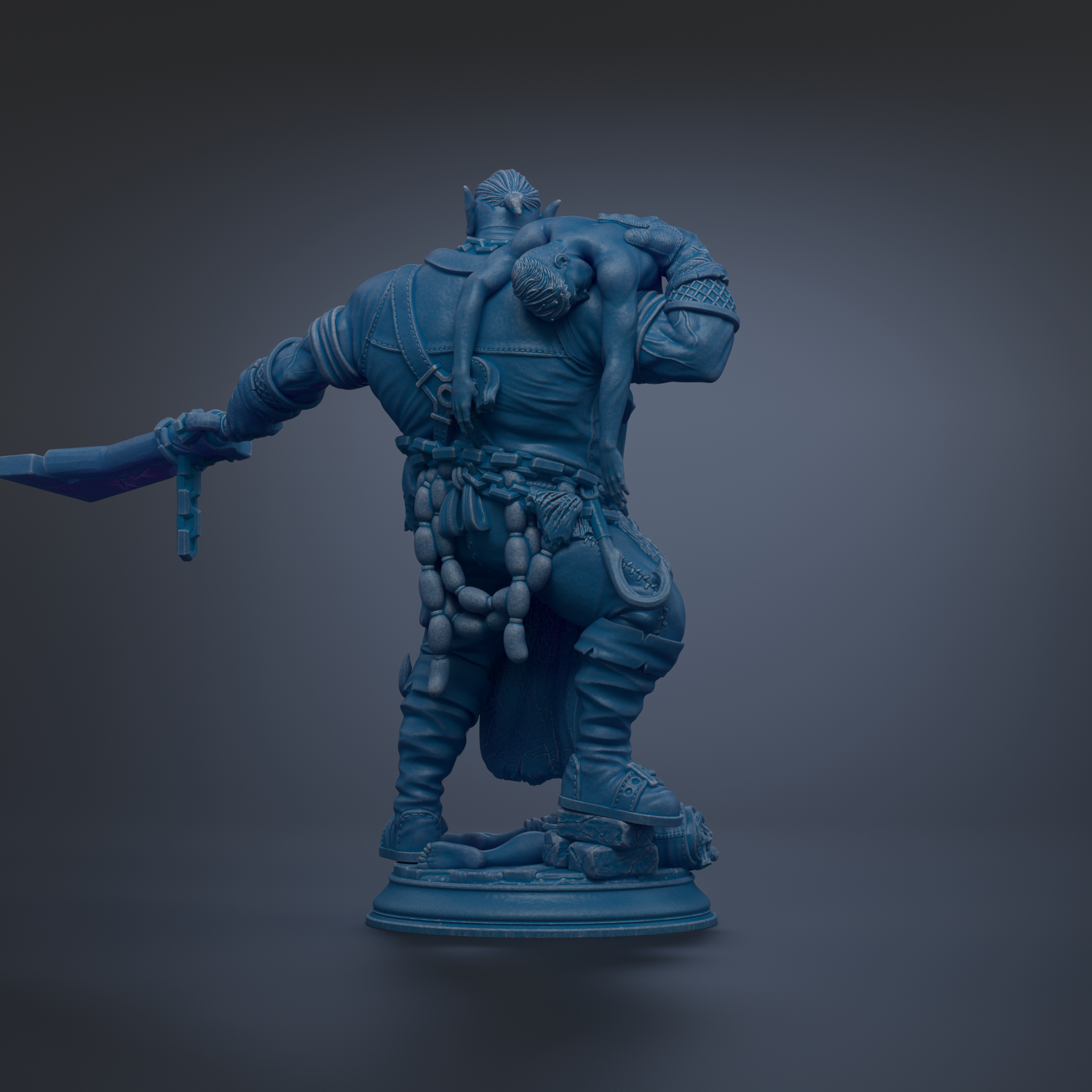 A 3D rendering of a blue-colored statue depicting a muscular, armored figure with a chain around its neck.