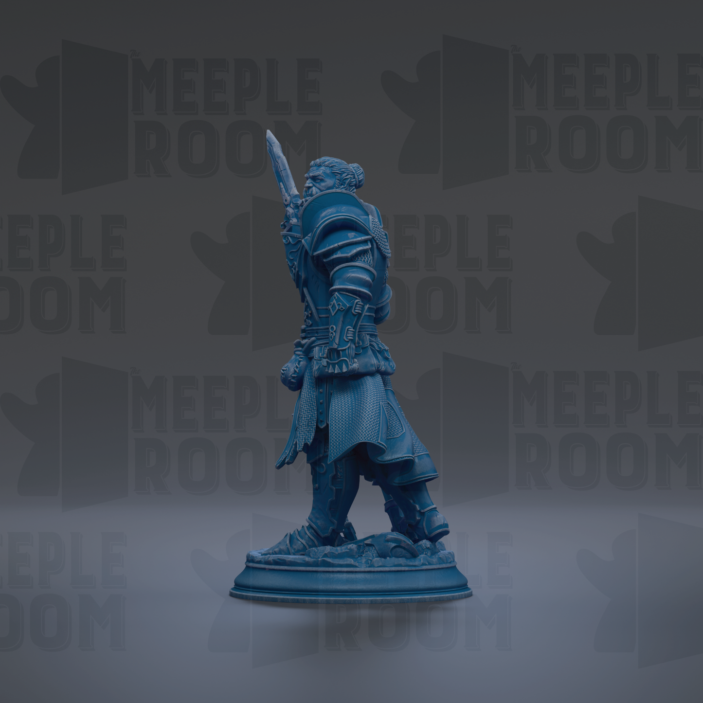 A blue figurine of a warrior standing in a fighting stance, with a sword in hand, against a dark background with repeated text.