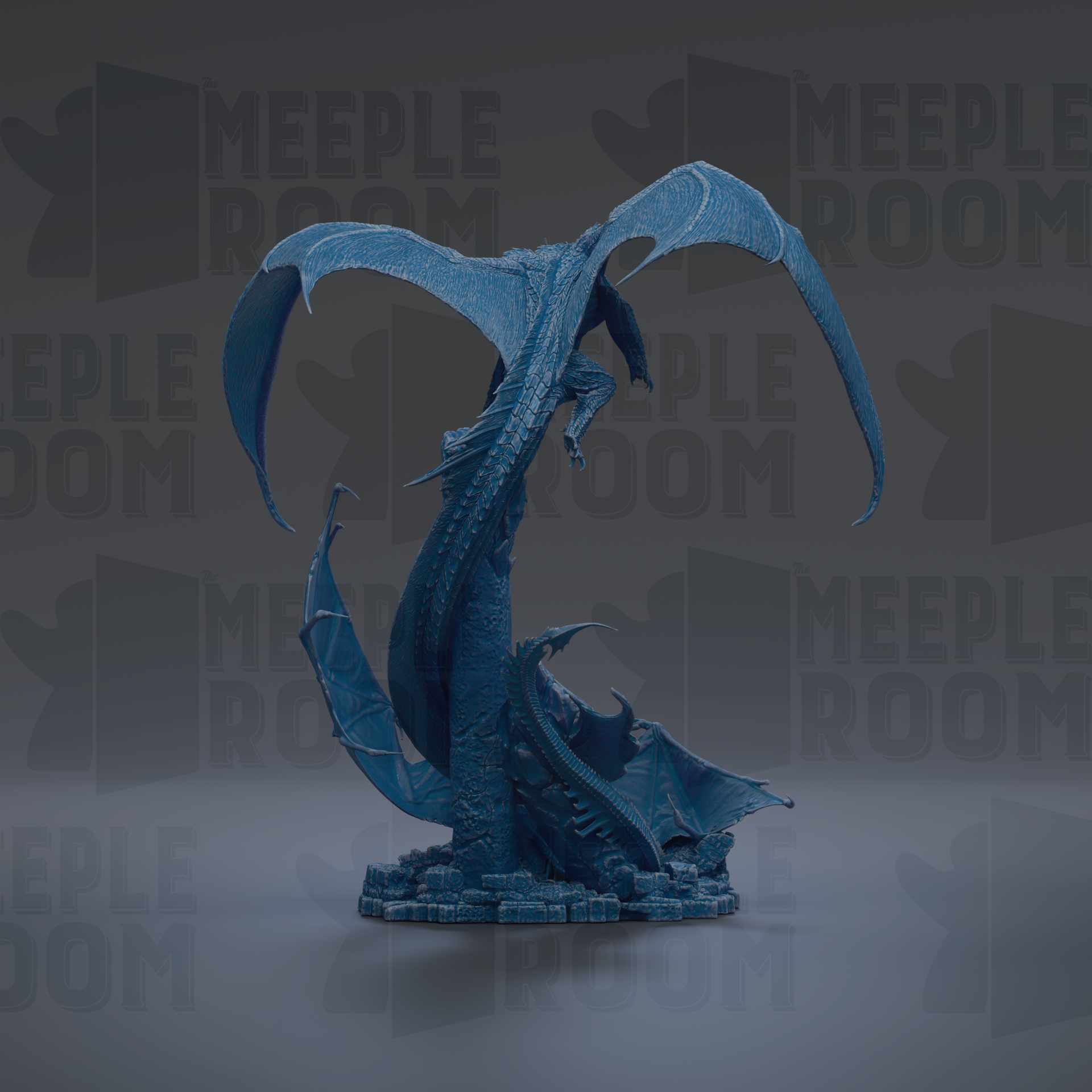 A blue dragon statue with wings spread wide, standing on a base with a textured surface.