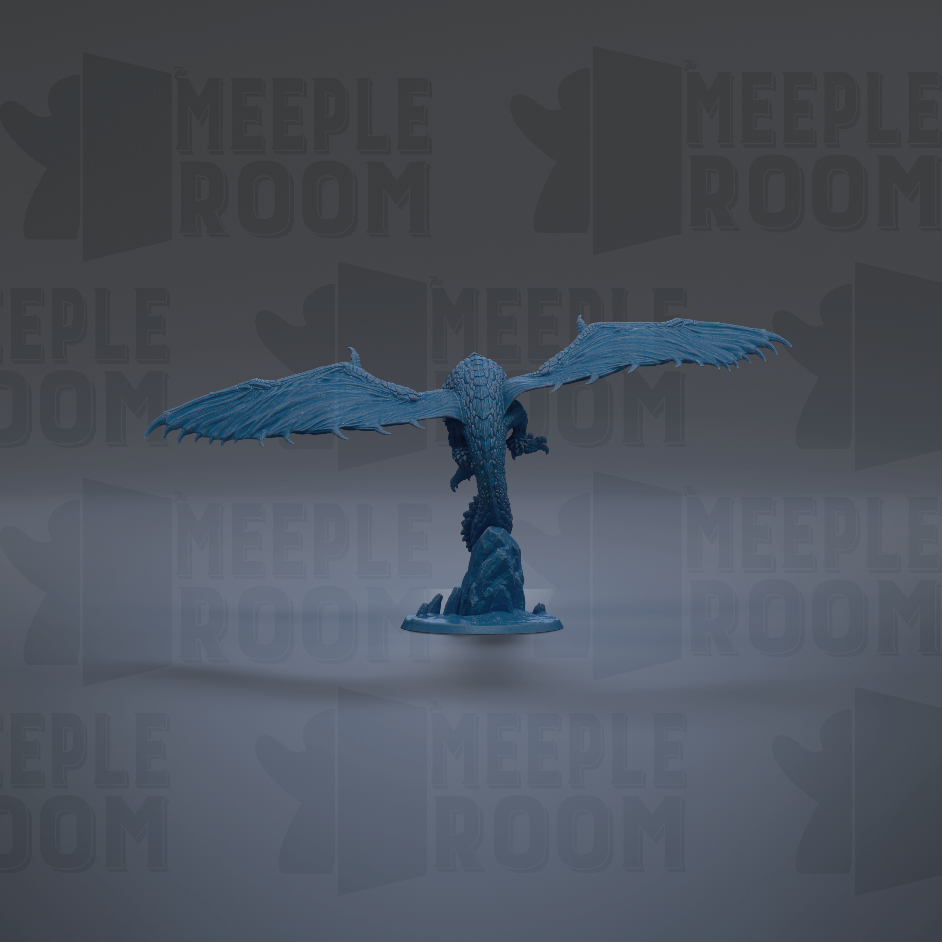 A blue dragon figurine with outstretched wings is the central focus of the image.