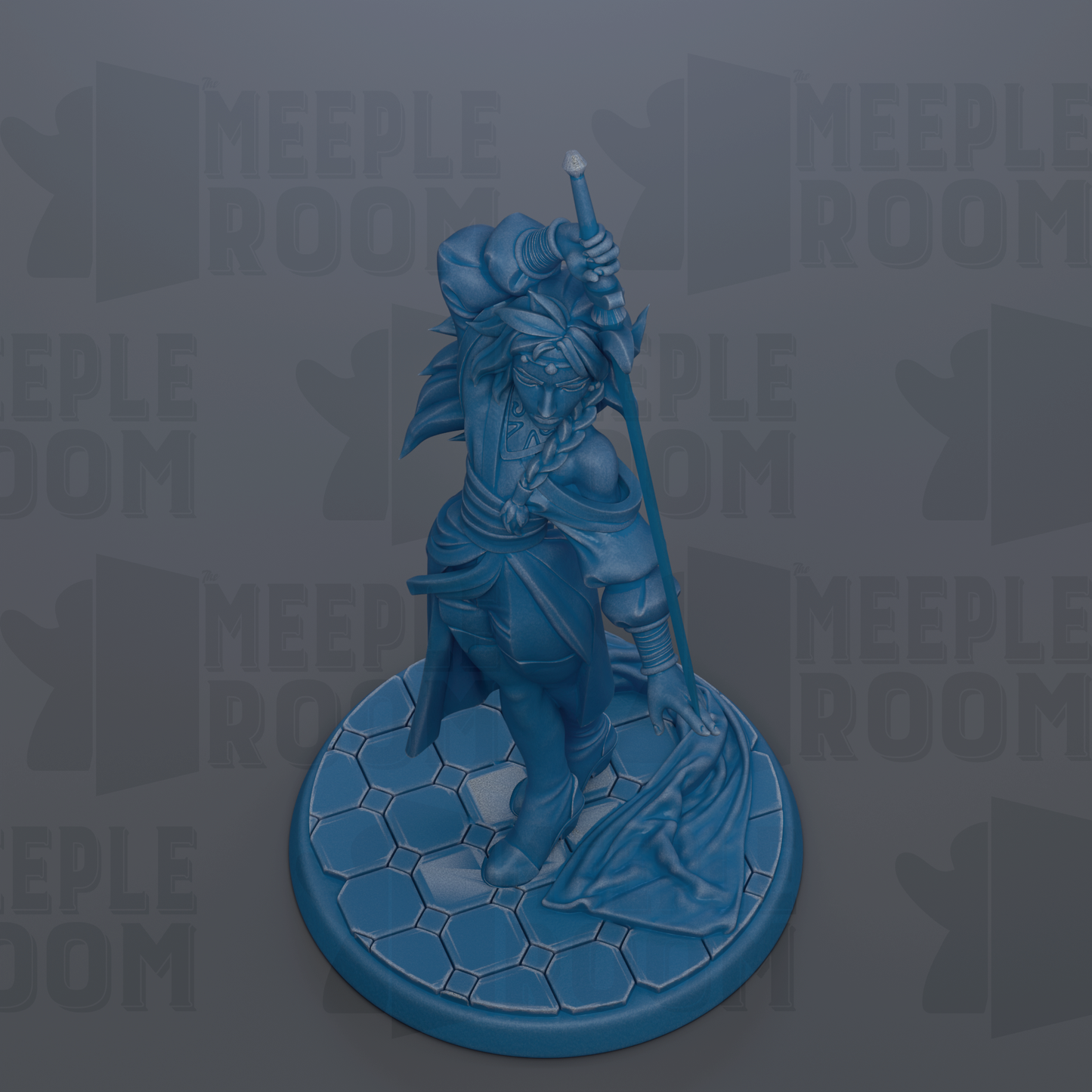 A blue figurine of a person holding a sword and a shield, standing on a hexagonal base.