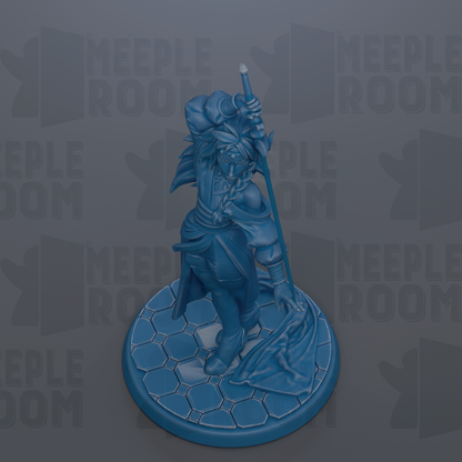 A blue figurine of a person holding a sword and a shield, standing on a hexagonal base.