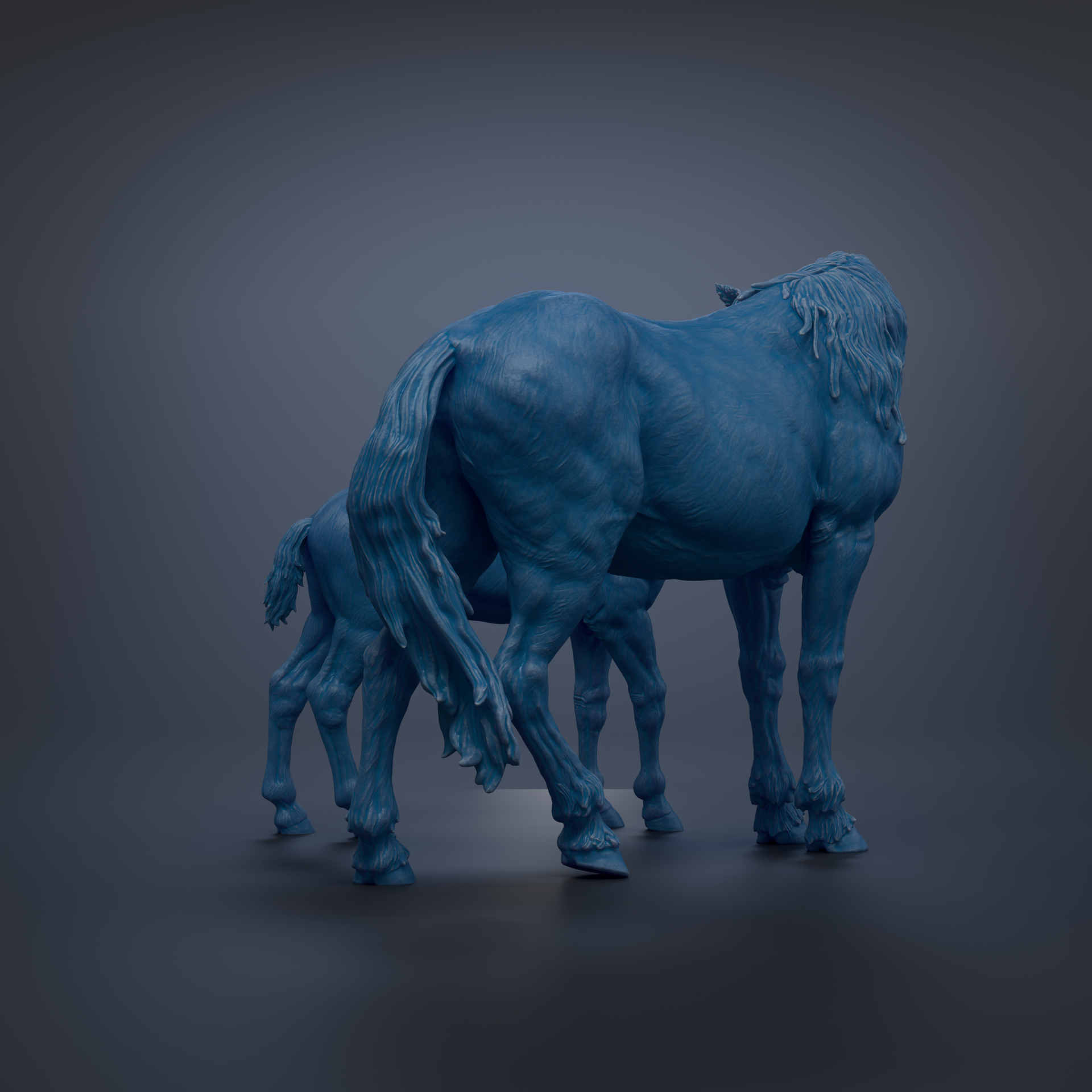 A 3D rendering of a blue horse standing on a dark background.