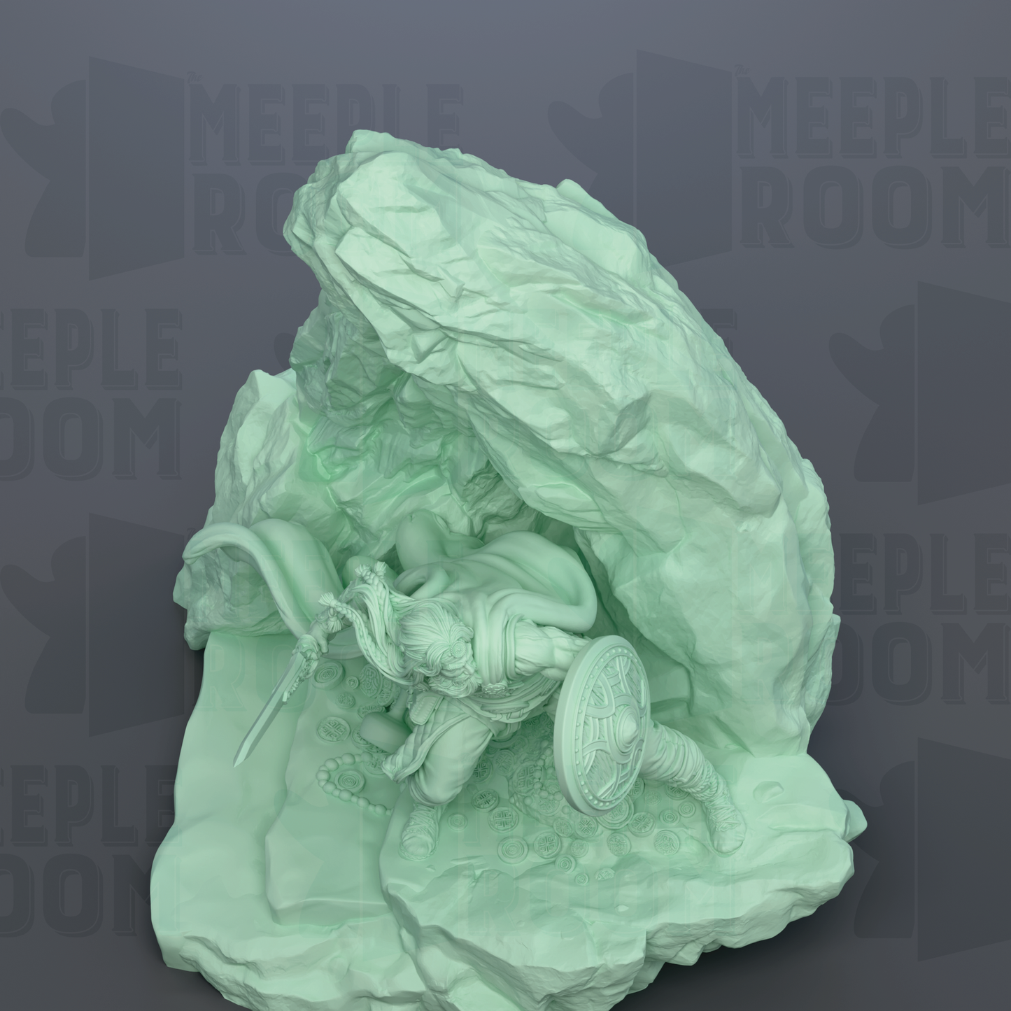 A 3D rendering of a sculpture depicting a figure in a crouched position, surrounded by a rocky landscape.