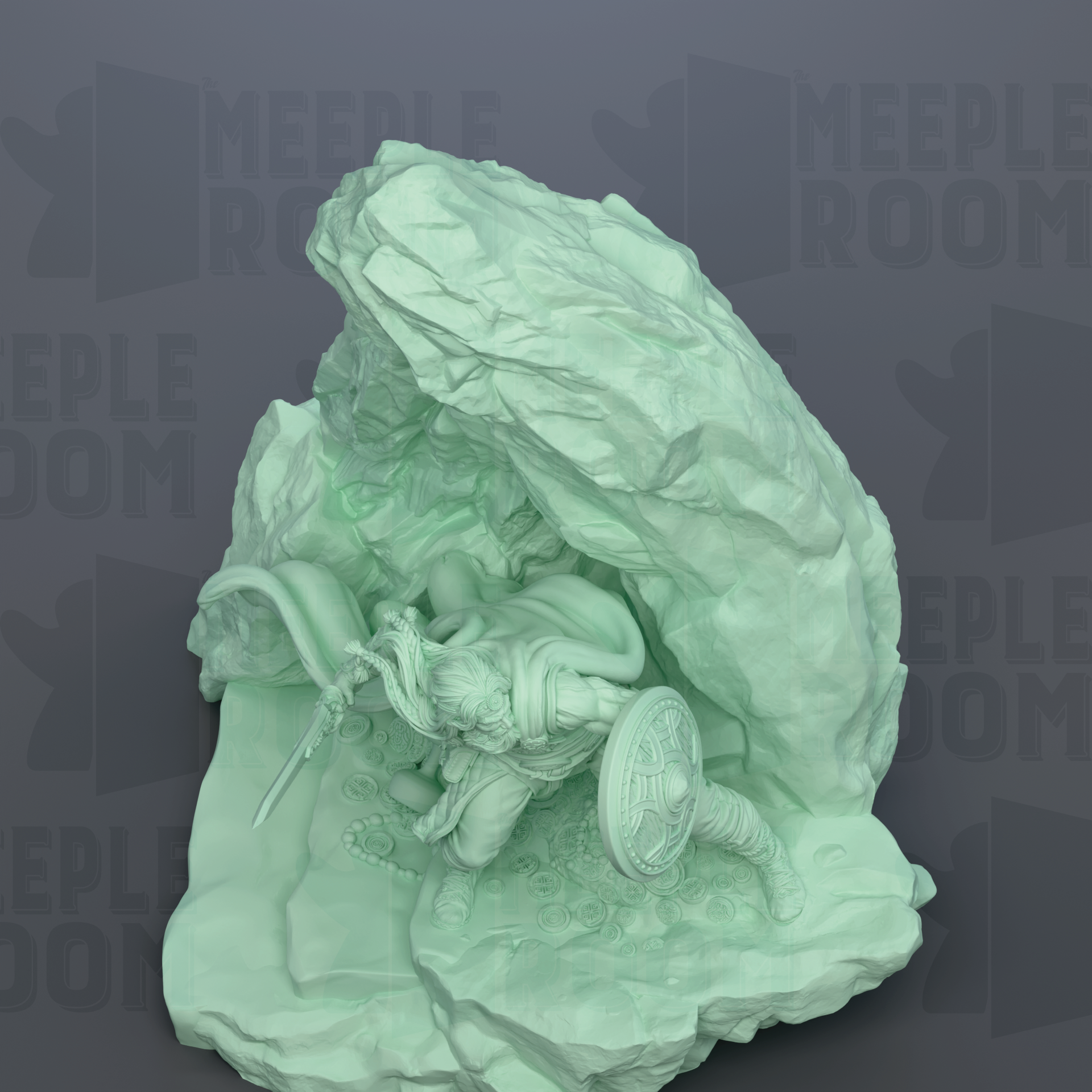A 3D rendering of a sculpture depicting a figure in a crouched position, surrounded by a rocky landscape.