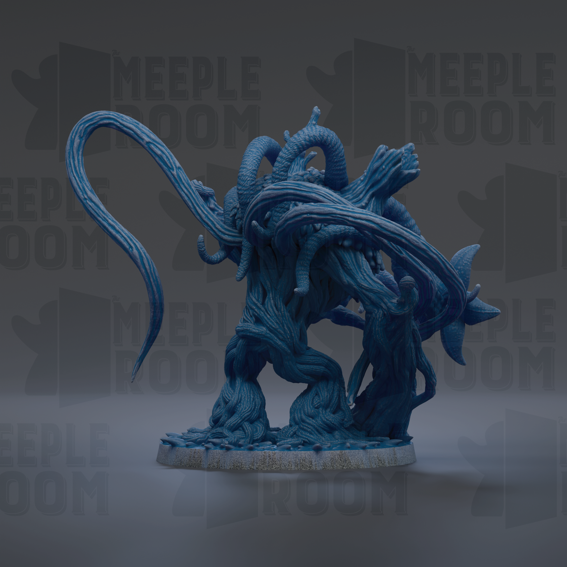 A 3D rendering of a blue, organic-looking creature with long, curved limbs and a textured, tree-like appearance.