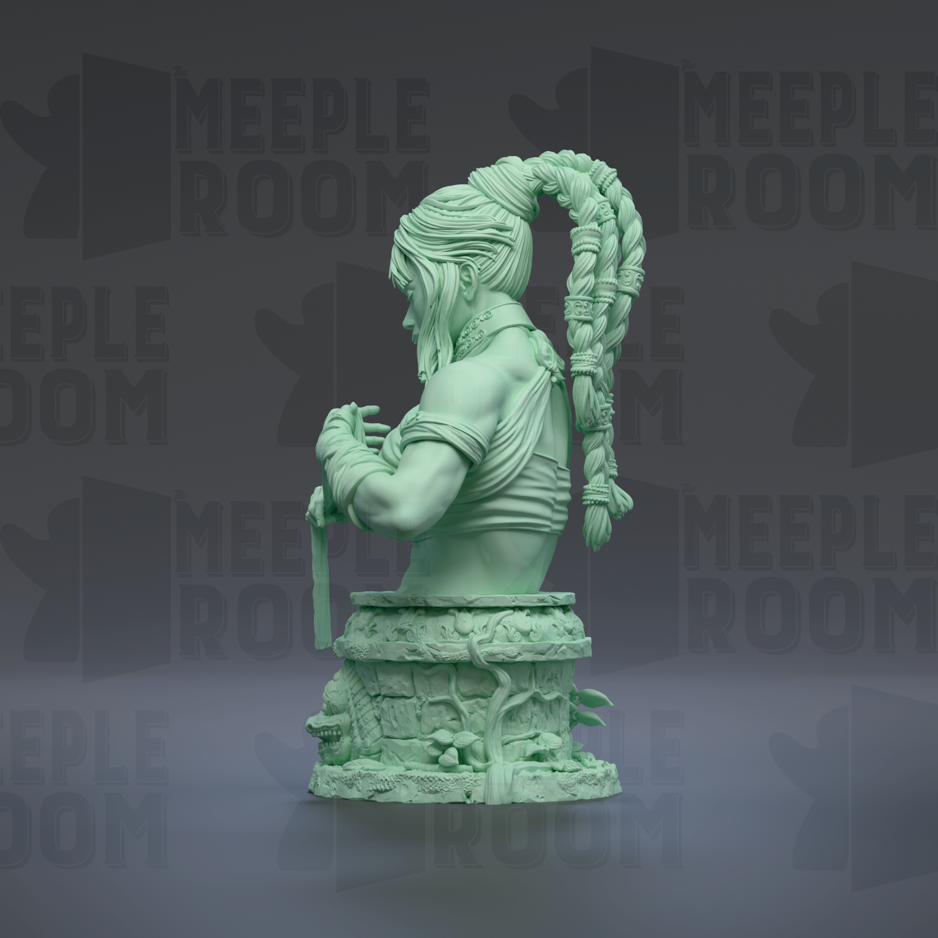 A green statue of a woman with braided hair and a long ponytail, sitting on a pedestal and holding a weapon.