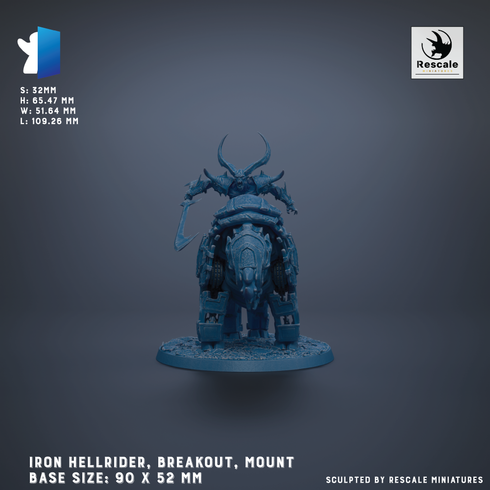 a detailed 3D model of an Iron Hellrider, a type of armored warrior, mounted on a base. The base is 90 x 52 mm in size, and the model is sculpted by Rescale miniatures.