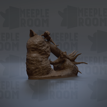 A 3D rendering of a sculpture depicting a small animal, possibly a rodent or a lizard, climbing up a rock formation.