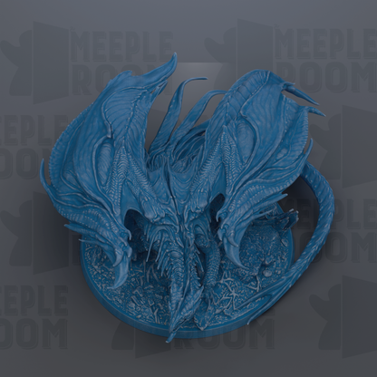 A detailed 3D rendering of a blue dragon-like creature with intricate, flowing scales and sharp teeth, set against a dark background with repeated text.