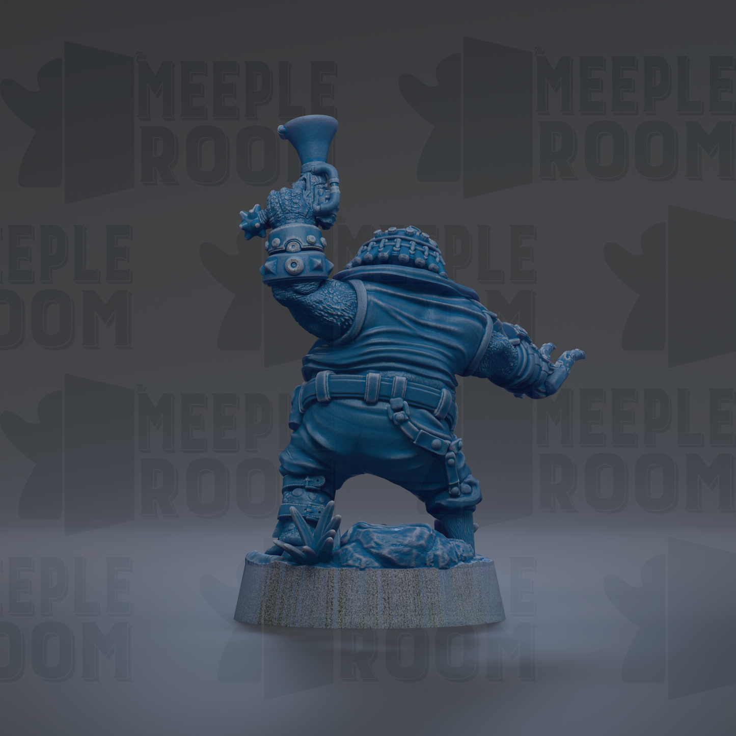 A blue figurine of a person holding a horn, standing on a platform against a dark background with repeated text.