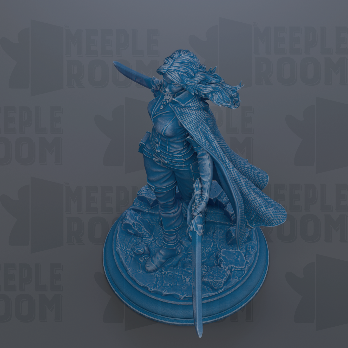 A blue statue of a woman with flowing hair and a cape, holding a sword, is displayed against a dark background with repeated text.