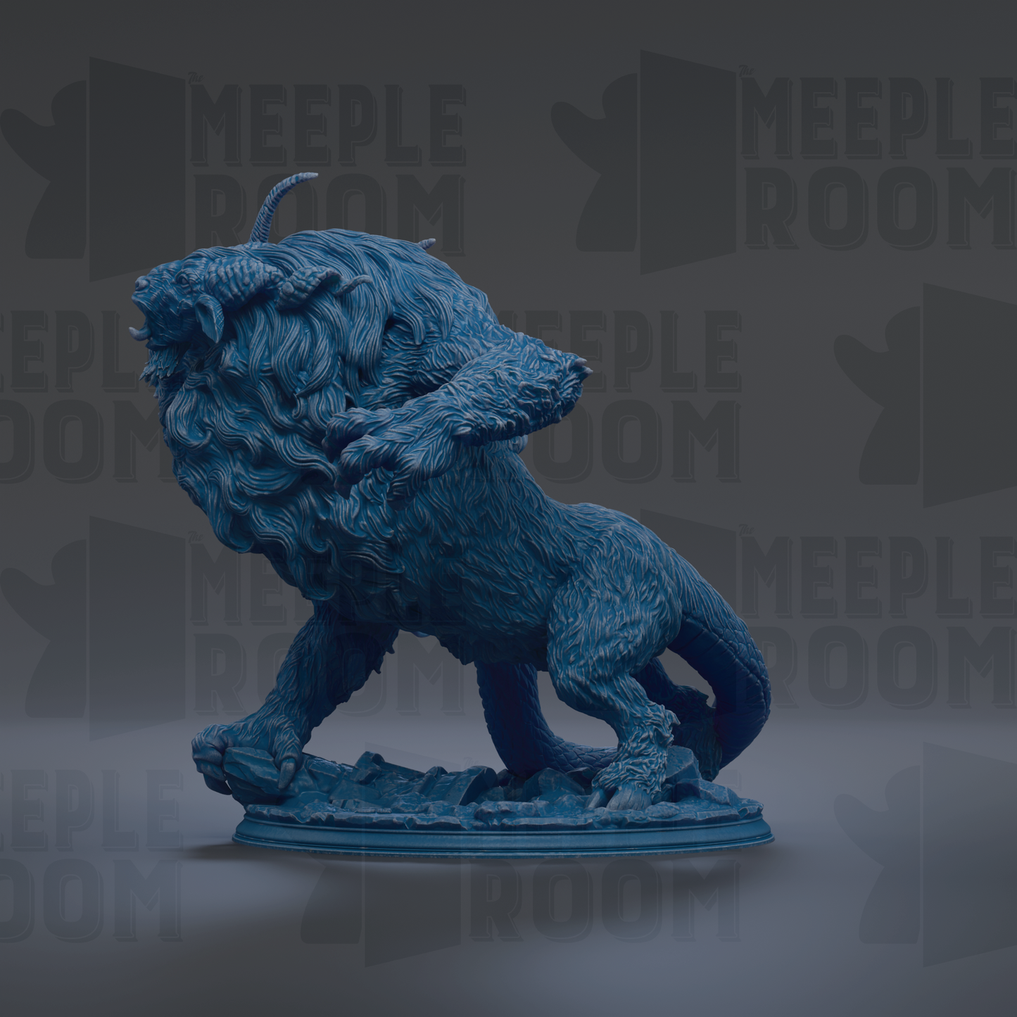 A blue lion statue with a fierce expression stands on a pedestal against a dark background with repeated "MEUPLE ROOM" text.