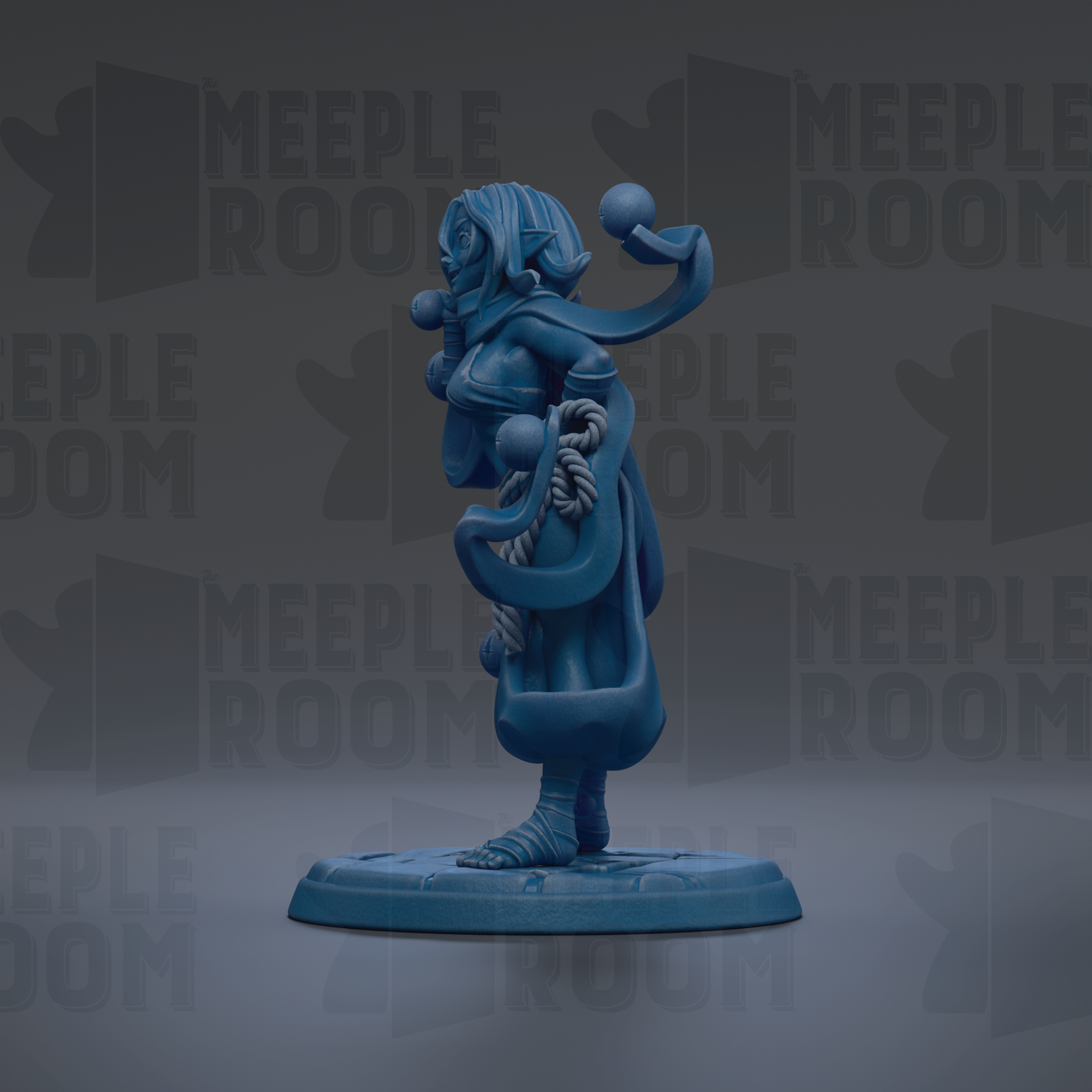 A blue figurine of a woman with a long, flowing skirt and a headdress, standing on a blue base.