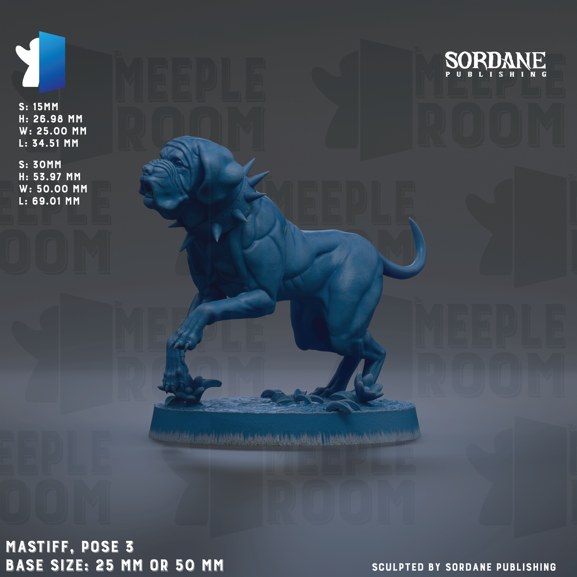 The image is a 3D rendering of a blue dog statue, with the base size being either 25 mm or 50 mm. The statue is posed in a fighting stance, with its front legs raised and its mouth open. The background is a dark gray color, and the image contains text that provides information about the statue, such as its dimensions and the company responsible for its creation.
