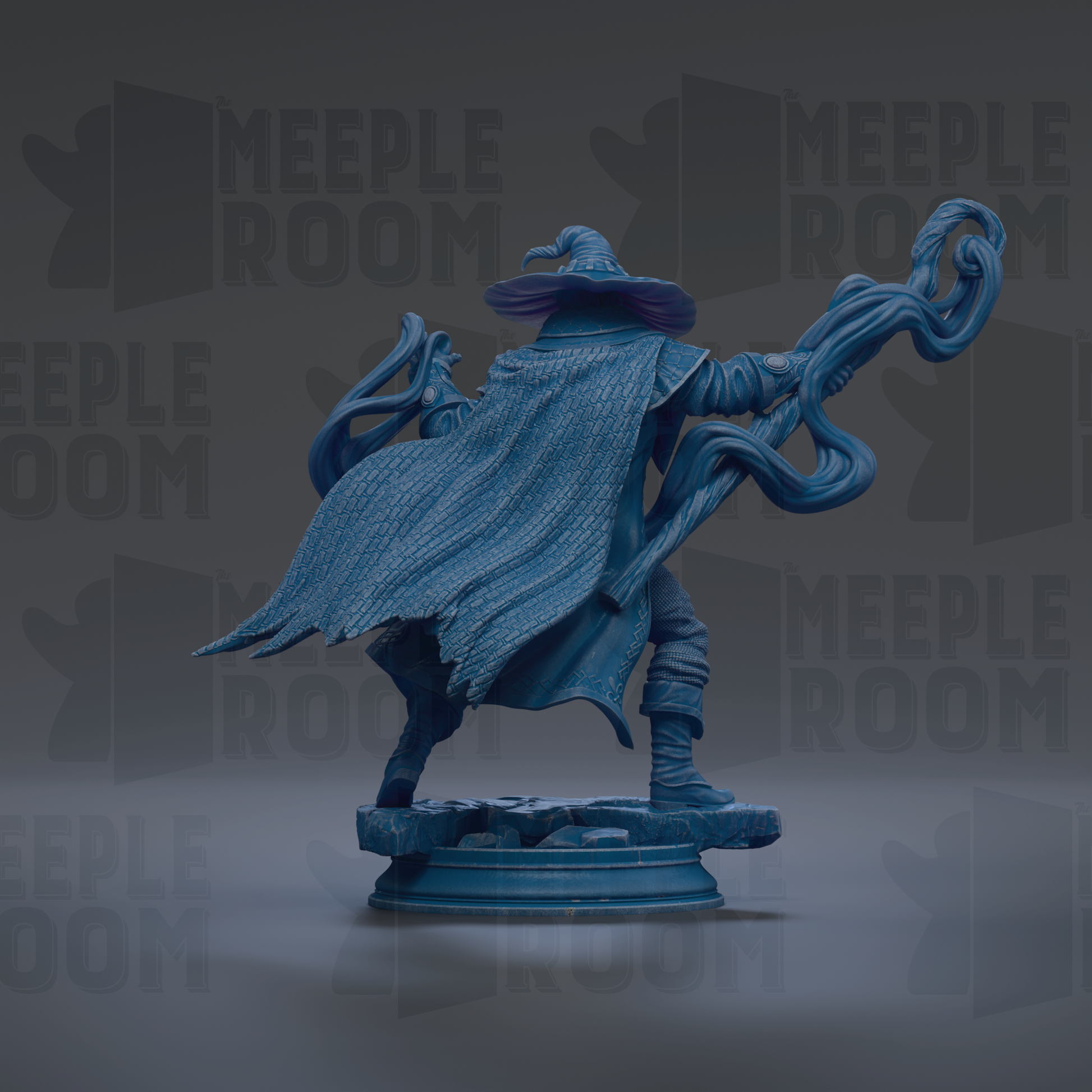 A blue statue of a wizard or magical figure, with a flowing cape and a staff, is shown against a dark background with repeated text.
