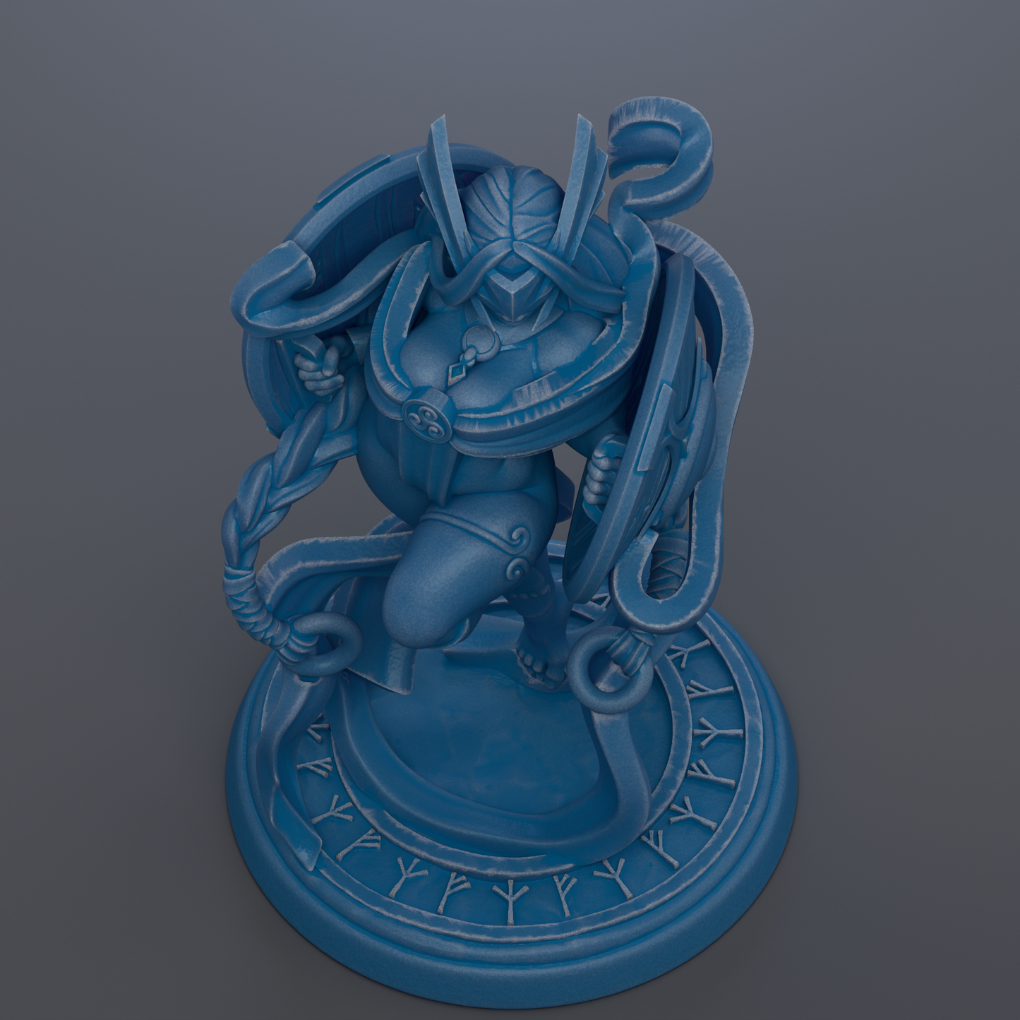 A blue, 3D-rendered statue of a fantastical creature with intricate, flowing designs and a fierce expression.