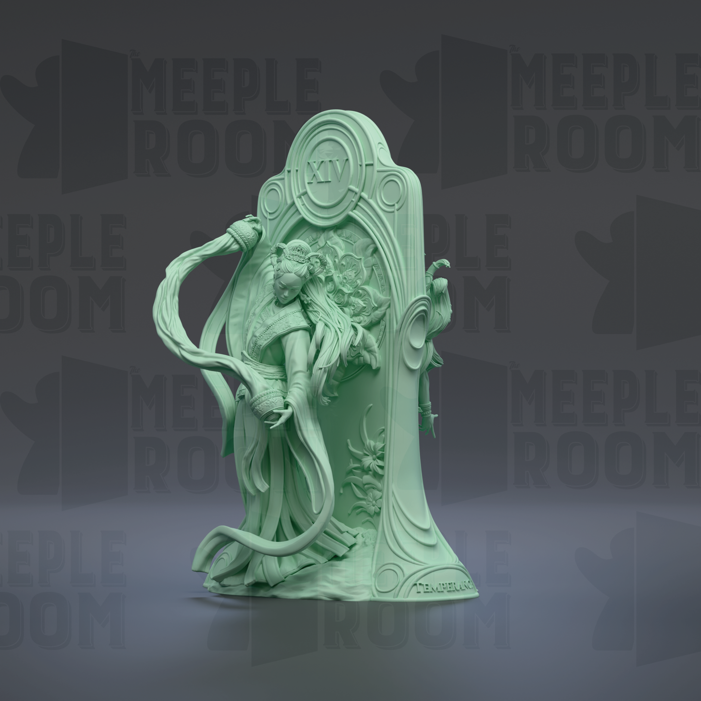 a green statue of a woman with long hair and a flowing dress, standing in an ornate, decorative frame.