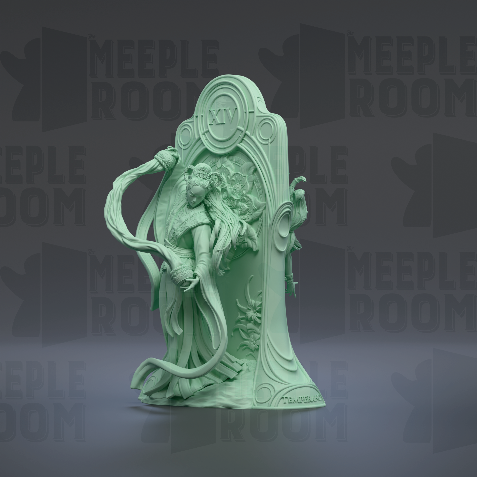 a green statue of a woman with long hair and a flowing dress, standing in an ornate, decorative frame.
