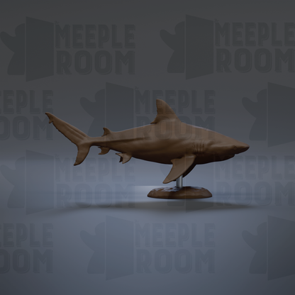 A 3D model of a shark is displayed against a gray background with repeated text.