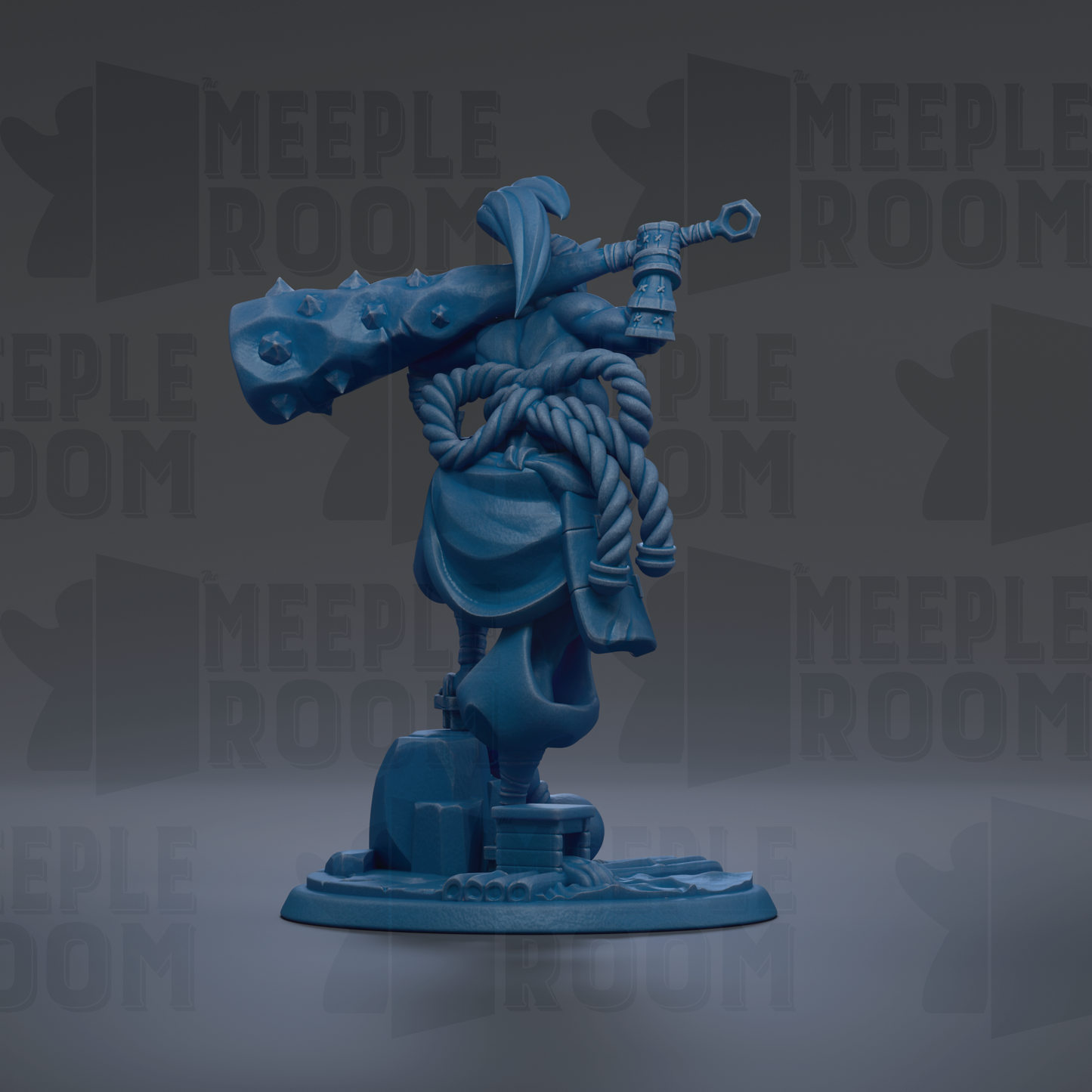A blue figurine of a character with a large weapon and a rope around its neck, standing on a platform.