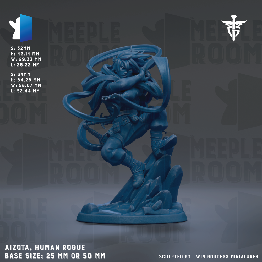 The image is a detailed figurine of a human character, likely a human pirate or pirate-like figure, with a sword and other weapons. The figurine is shown in a dynamic pose, with its arms and legs spread out, and it is set against a dark background with the text "MEIPLE ROOM" repeated across it. The figurine is described as being 25mm or 50mm in size, and it is sculpted by Twin Goddess Miniatures.