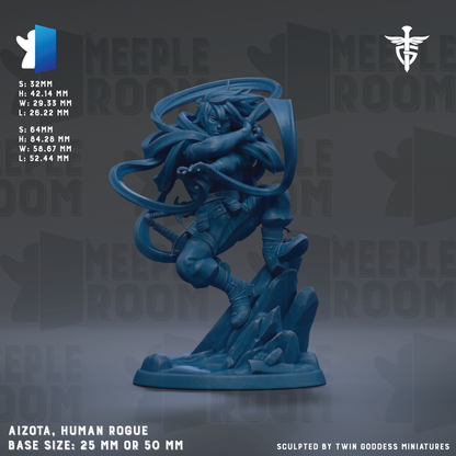 The image is a detailed figurine of a human character, likely a human pirate or pirate-like figure, with a sword and other weapons. The figurine is shown in a dynamic pose, with its arms and legs spread out, and it is set against a dark background with the text "MEIPLE ROOM" repeated across it. The figurine is described as being 25mm or 50mm in size, and it is sculpted by Twin Goddess Miniatures.