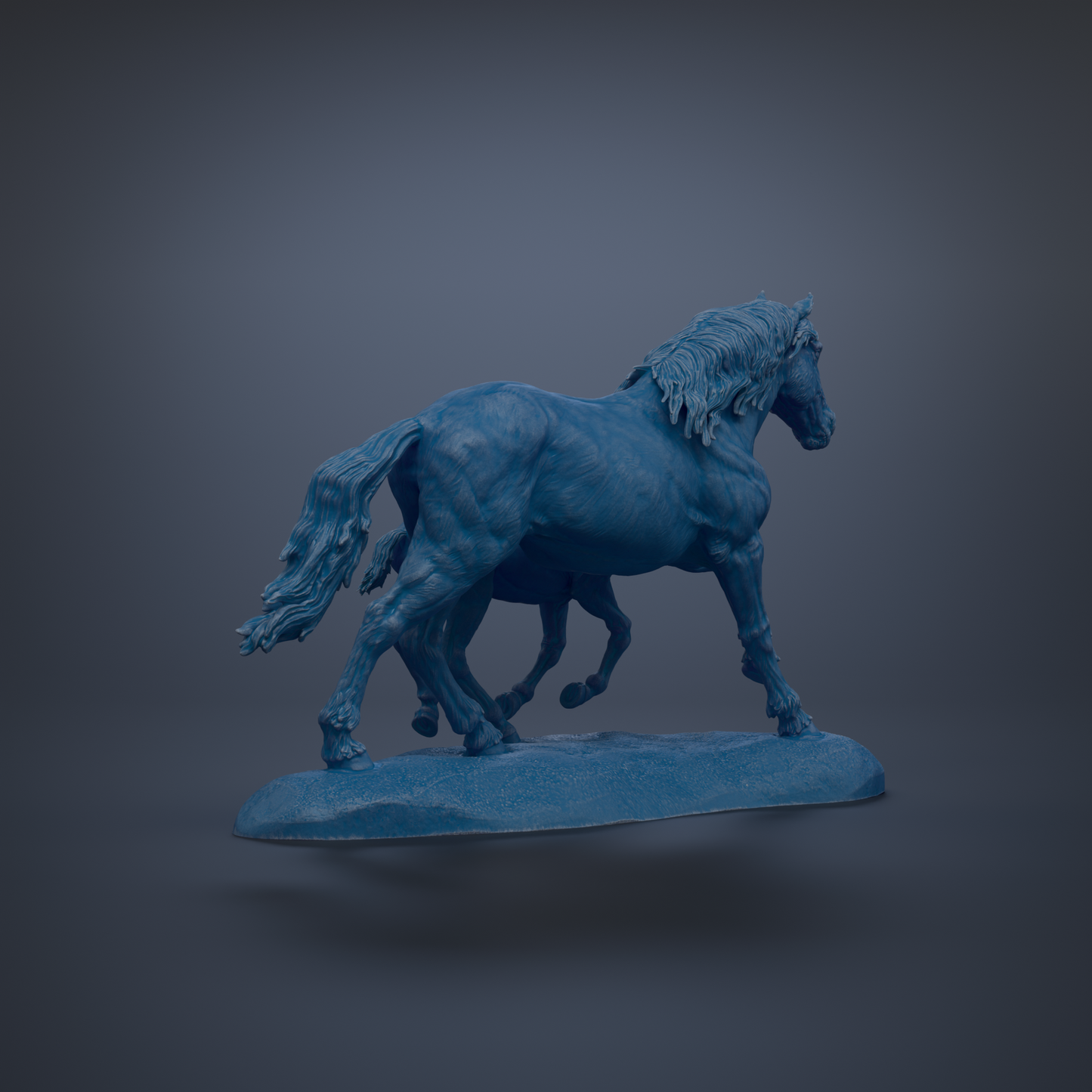 A blue horse statue is depicted in a dynamic pose, standing on a blue base against a dark background.