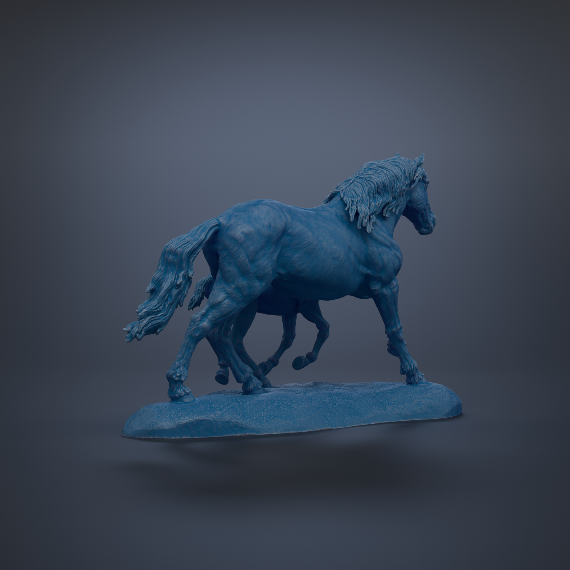 A blue horse statue is depicted in a dynamic pose, standing on a blue base against a dark background.