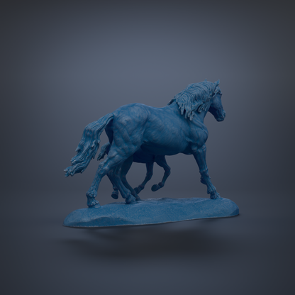 A blue horse statue is depicted in a dynamic pose, standing on a blue base against a dark background.
