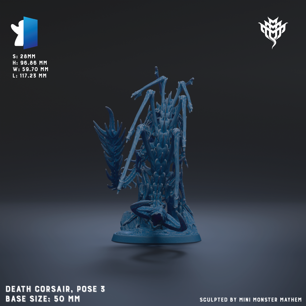 The image is a 3D rendering of a Death Corsaier, a fictional creature from the video game series "Mini Monster Mayhem". The Death Corsaier is a blue, armored creature with multiple arms and legs, and it is posed in a crouched position. The image is labeled with the base size of the Death Corsaier, which is 50mm.