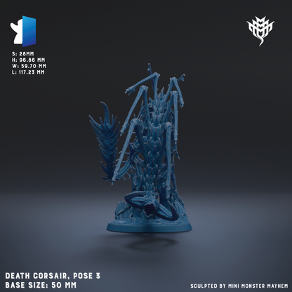 The image is a 3D rendering of a Death Corsaier, a fictional creature from the video game series "Mini Monster Mayhem". The Death Corsaier is a blue, armored creature with multiple arms and legs, and it is posed in a crouched position. The image is labeled with the base size of the Death Corsaier, which is 50mm.