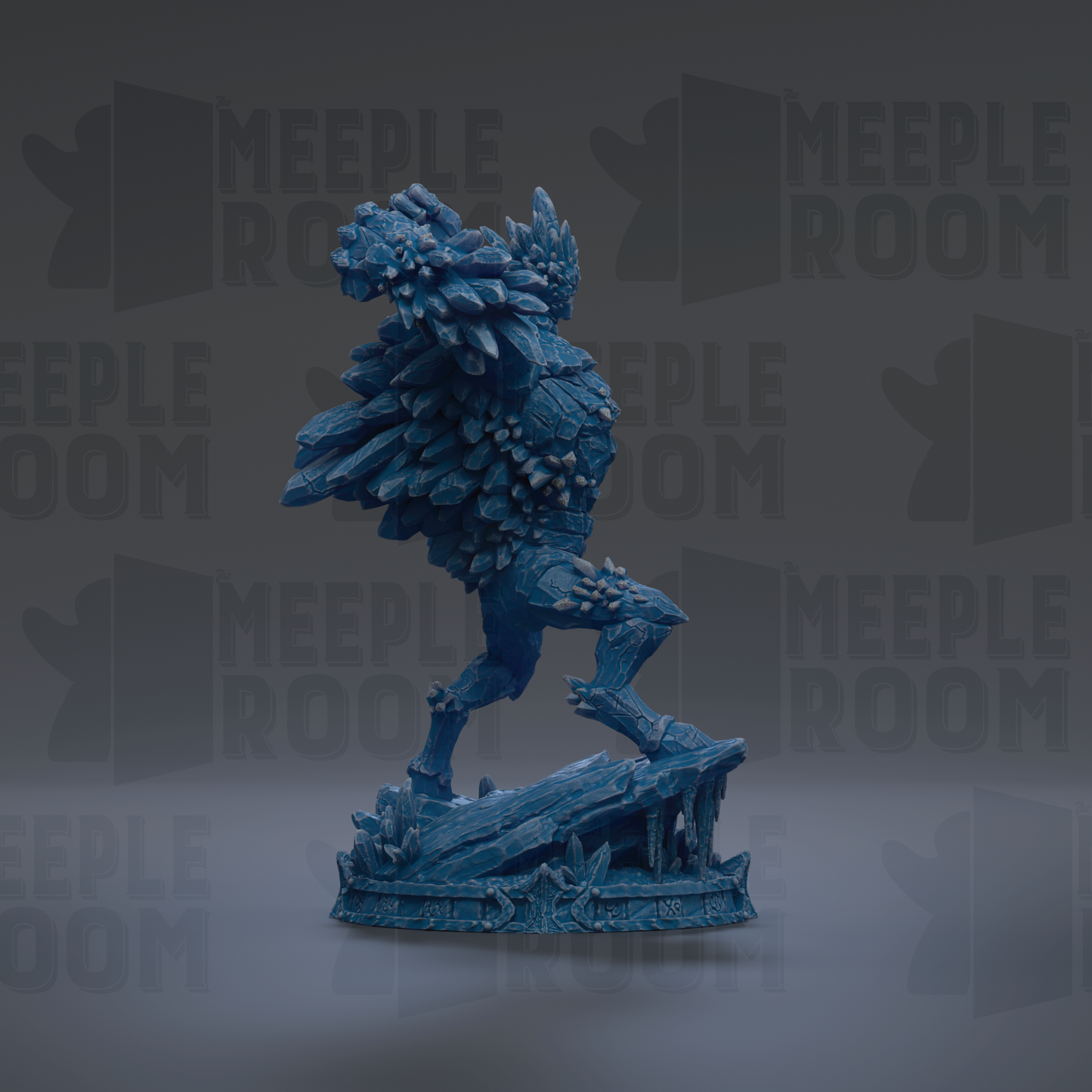 A blue, fantastical creature with intricate, organic-looking features stands on a rock formation against a dark background with repeated "MEIPLE ROOM" text.