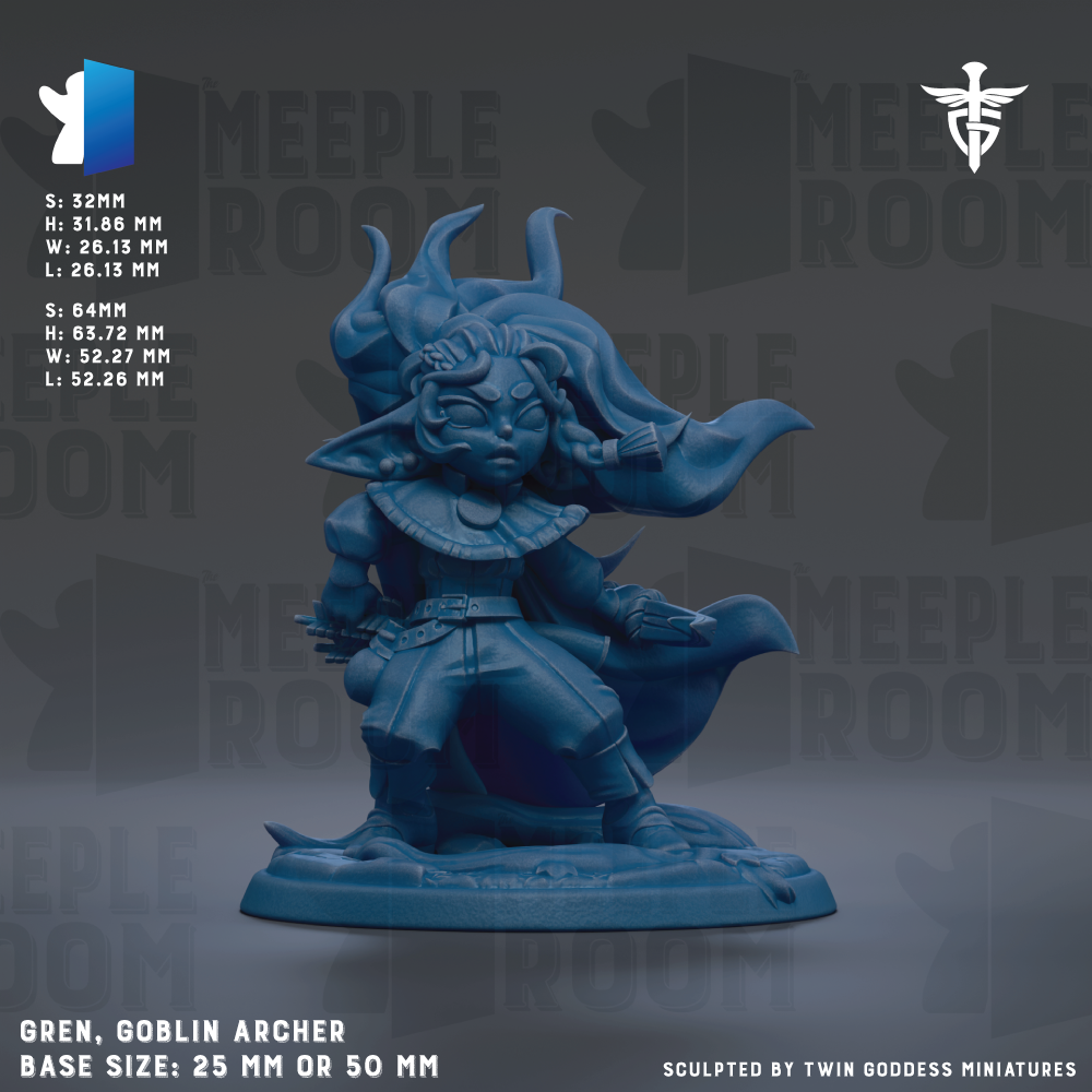 The image is a detailed 3D model of a blue-colored figurine of a character named Gren, who is an Archer from the video game Meeple Room. The figurine is depicted in a dynamic pose, with its hair blowing in the wind. The base size of the figurine is either 25mm or 50mm, depending on the perspective. The image is a sculpted piece by Twin Goddess Miniatures, and it is presented against a dark background with the Meeple Room logo visible.
