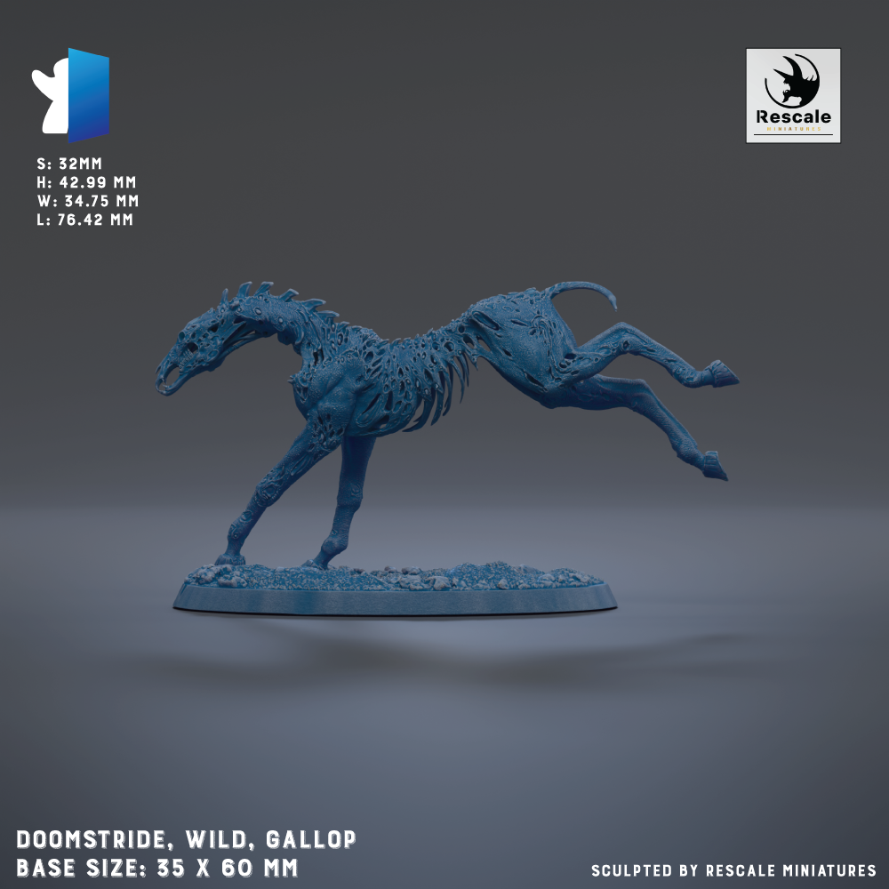 a 3D printed model of a galloping horse, with a base size of 35 x 60 mm.