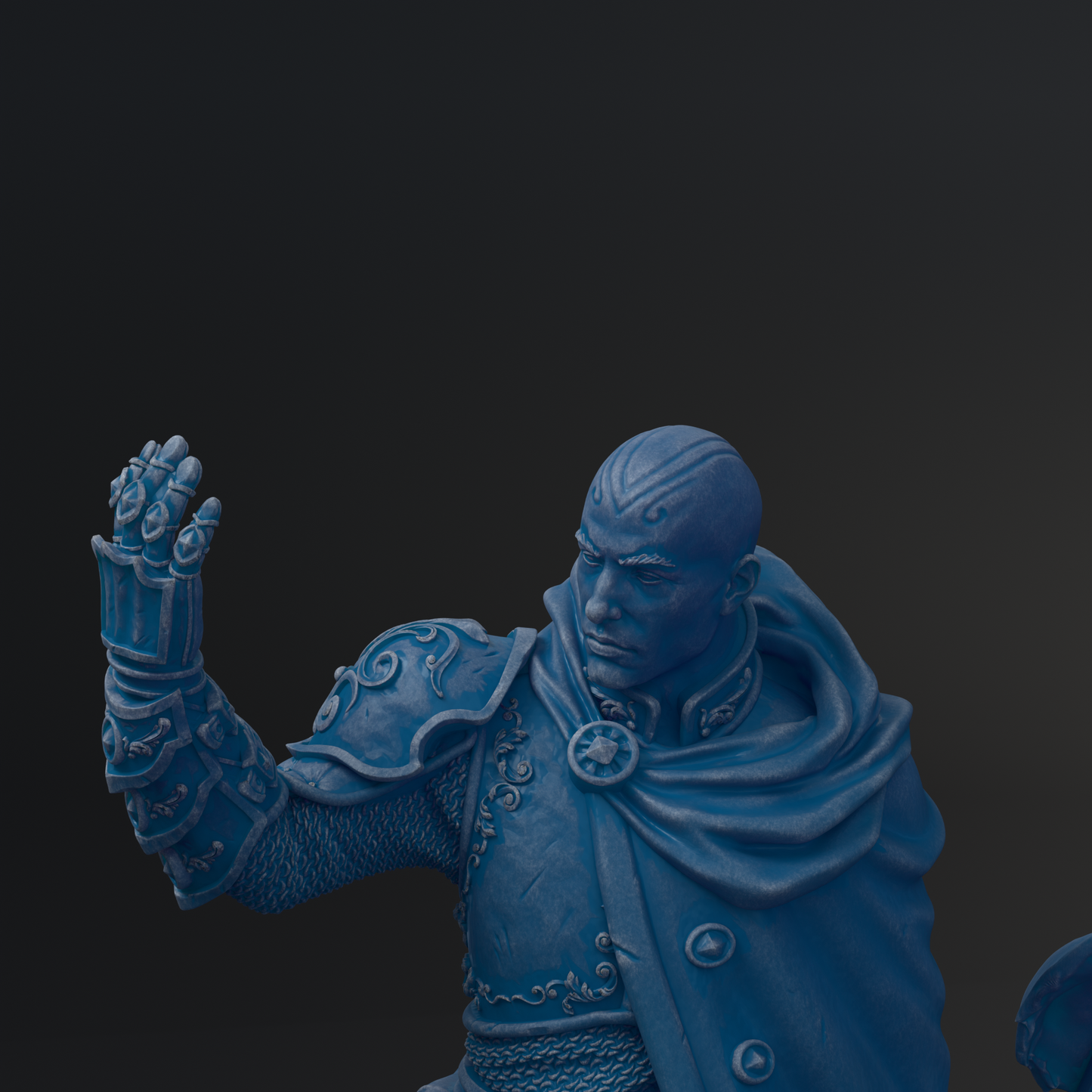 A blue statue of a warrior figure with a cape and ornate armor, standing in a dark background.