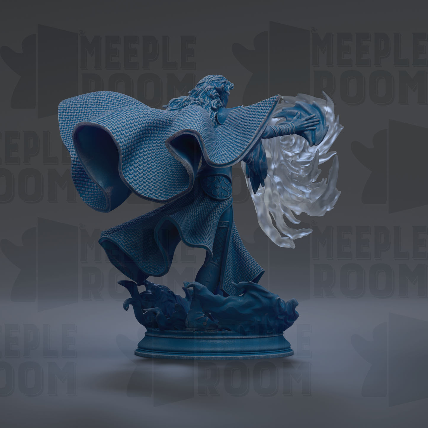 A 3D rendering of a blue statue depicting a figure with flowing robes and a flowing cape, holding a large crystal ball.
