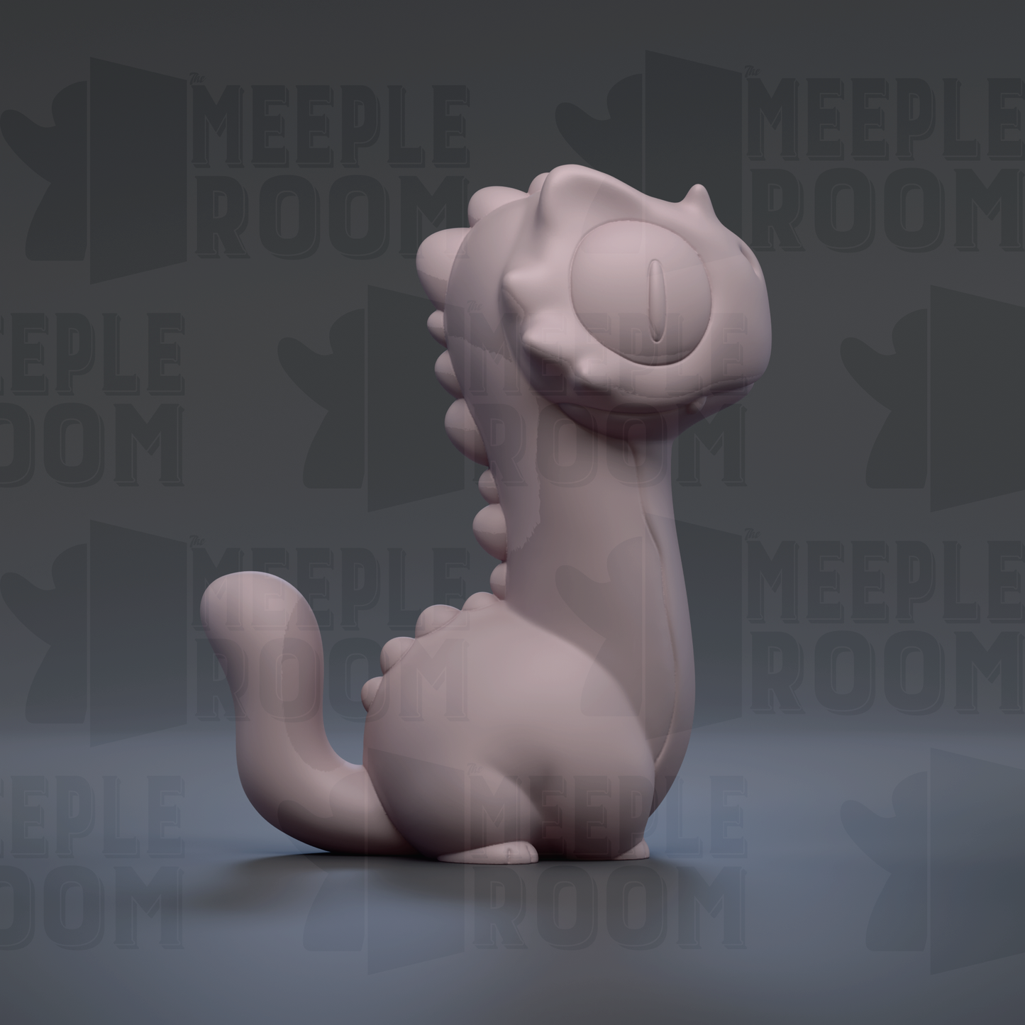 A 3D rendering of a small, cartoonish-looking creature with a large head and long tail, sitting on a surface against a dark background with repeated text.