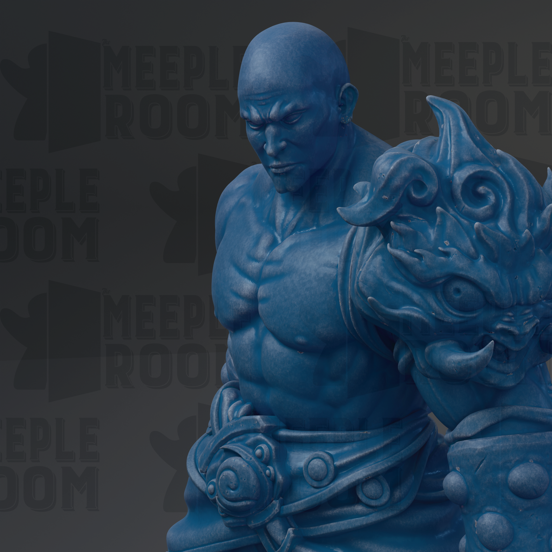 A blue statue of a muscular, battle-ready figure with a fierce expression, standing in front of a dark background with repeated text.