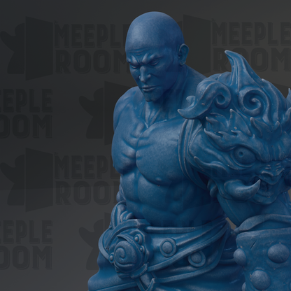 A blue statue of a muscular, battle-ready figure with a fierce expression, standing in front of a dark background with repeated text.