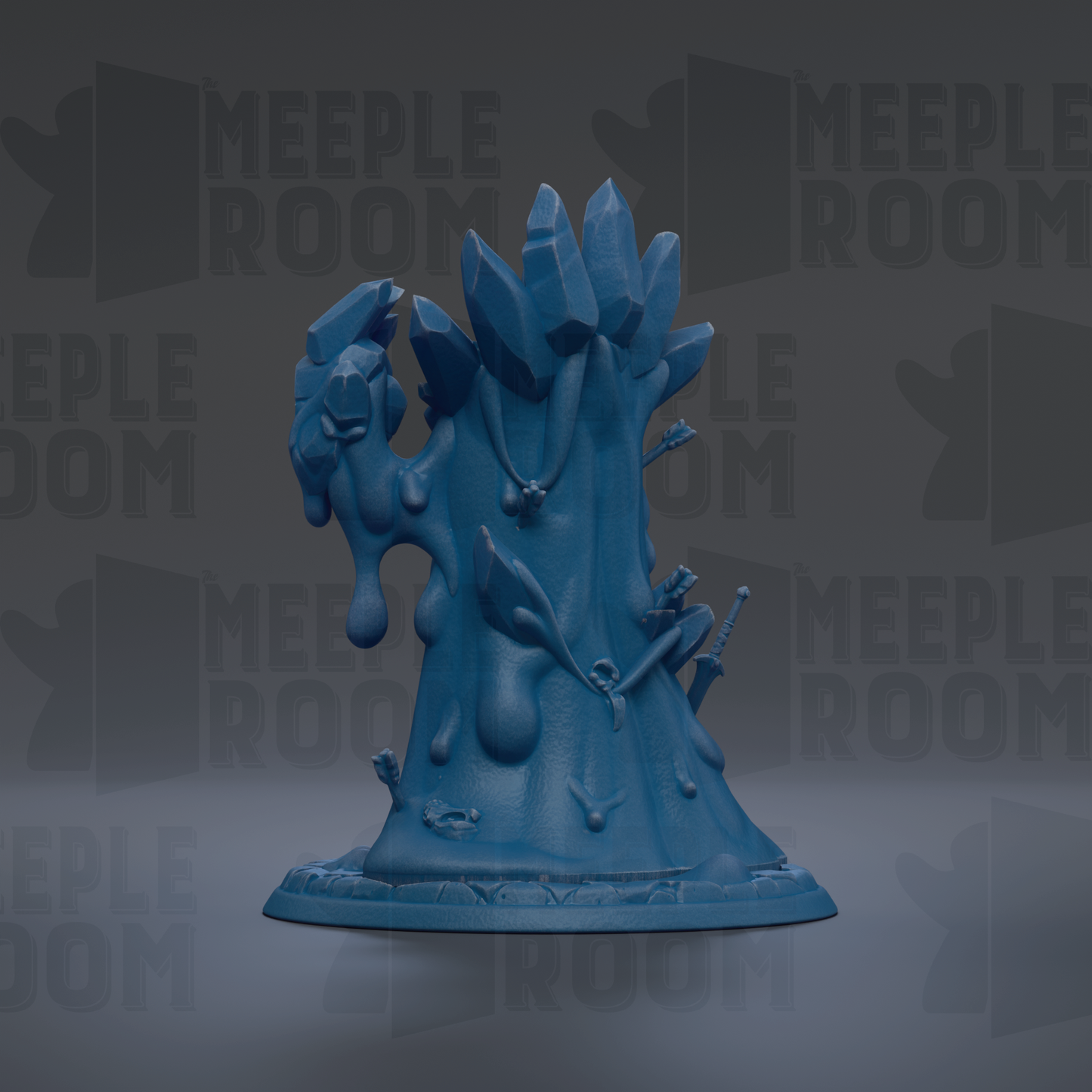 A blue, abstract sculpture with various shapes and textures, including what appear to be dripping or melting elements, set against a dark background with repeated text.